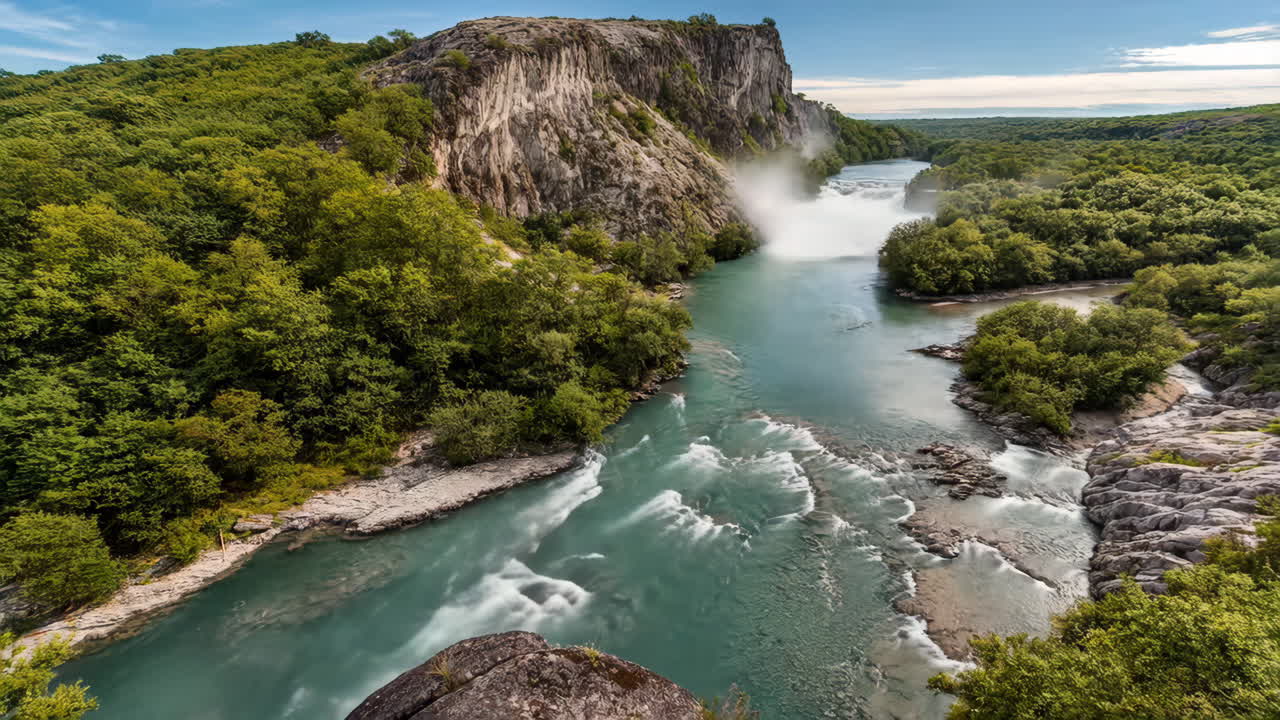 Majestic Waterfall and River Through a Lush Forest Landscape