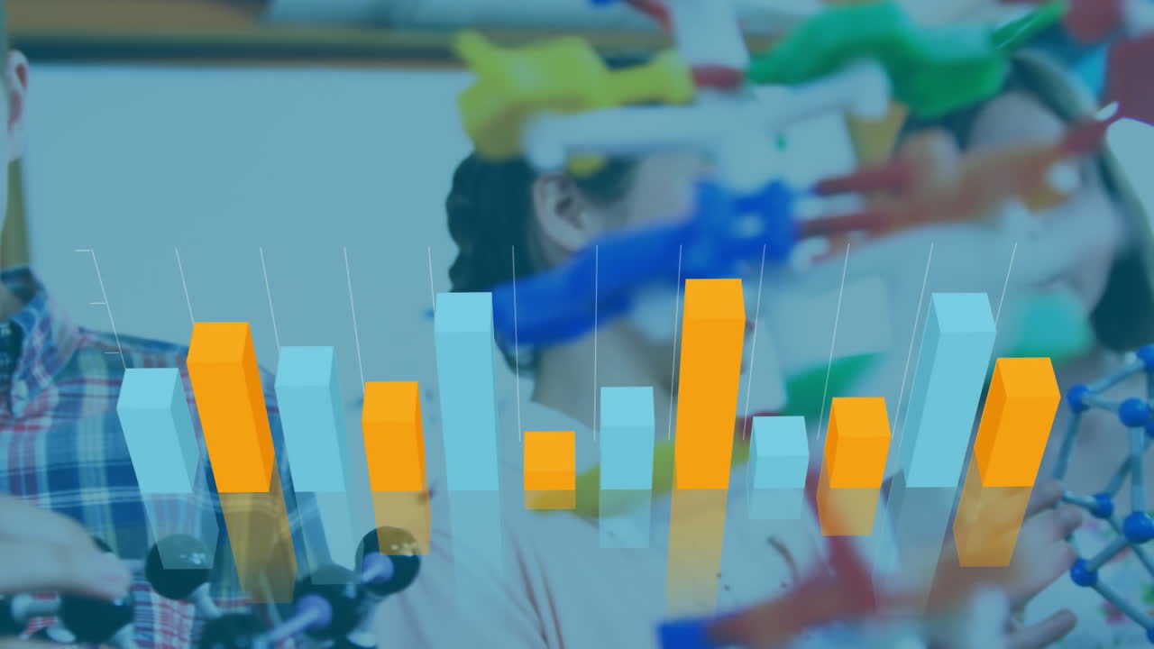 procesamiento de datos estadísticos contra estudiantes tocando el modelo de estructura molecular en el laboratorio