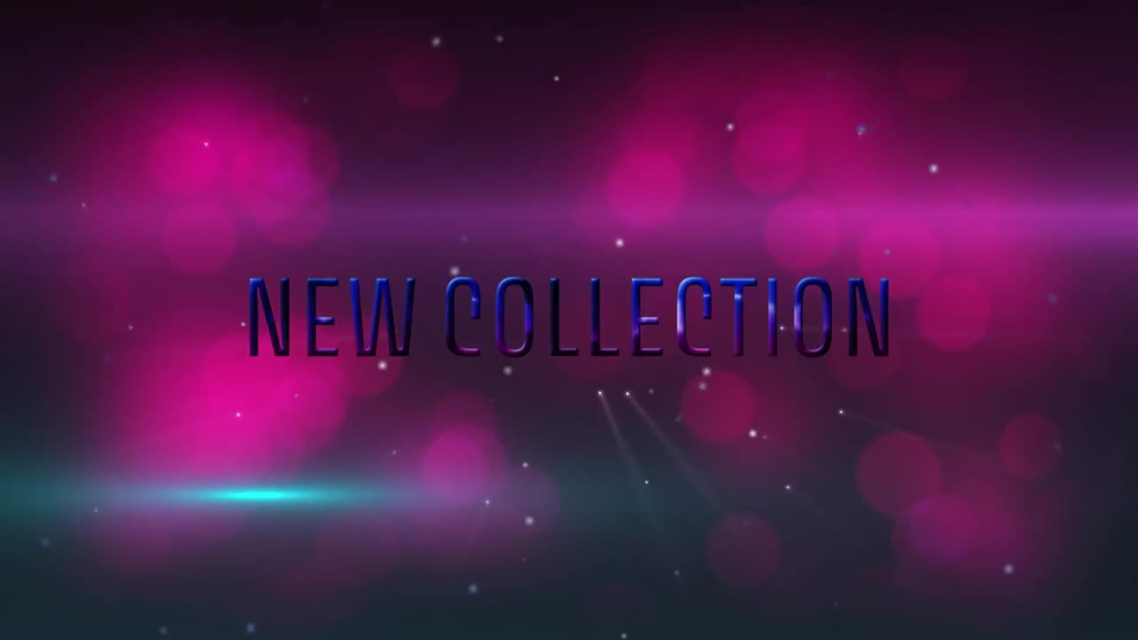 Animación de banner de texto de nueva colección contra partículas blancas y puntos de luz rosas