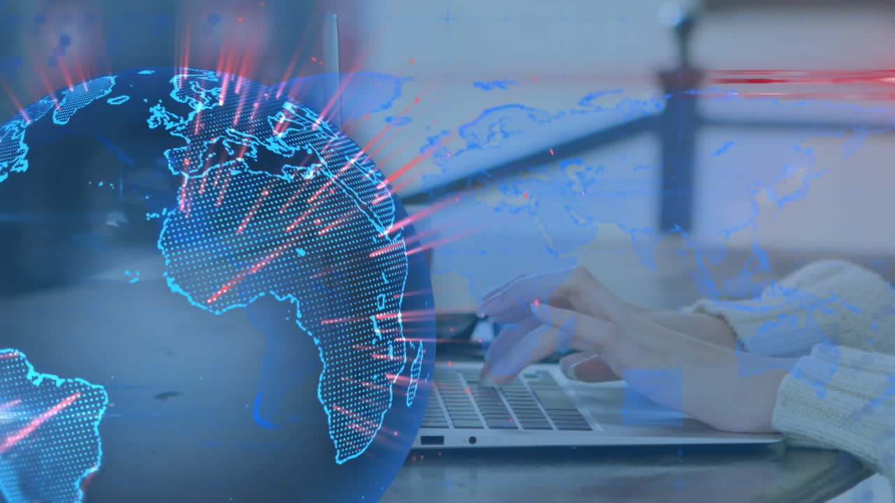 animación del globo con una red de conexiones sobre una mujer usando una computadora portátil