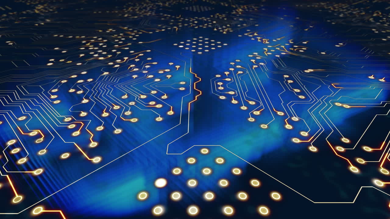 animación de un circuito integrado sobre un fondo azul con cuadrados