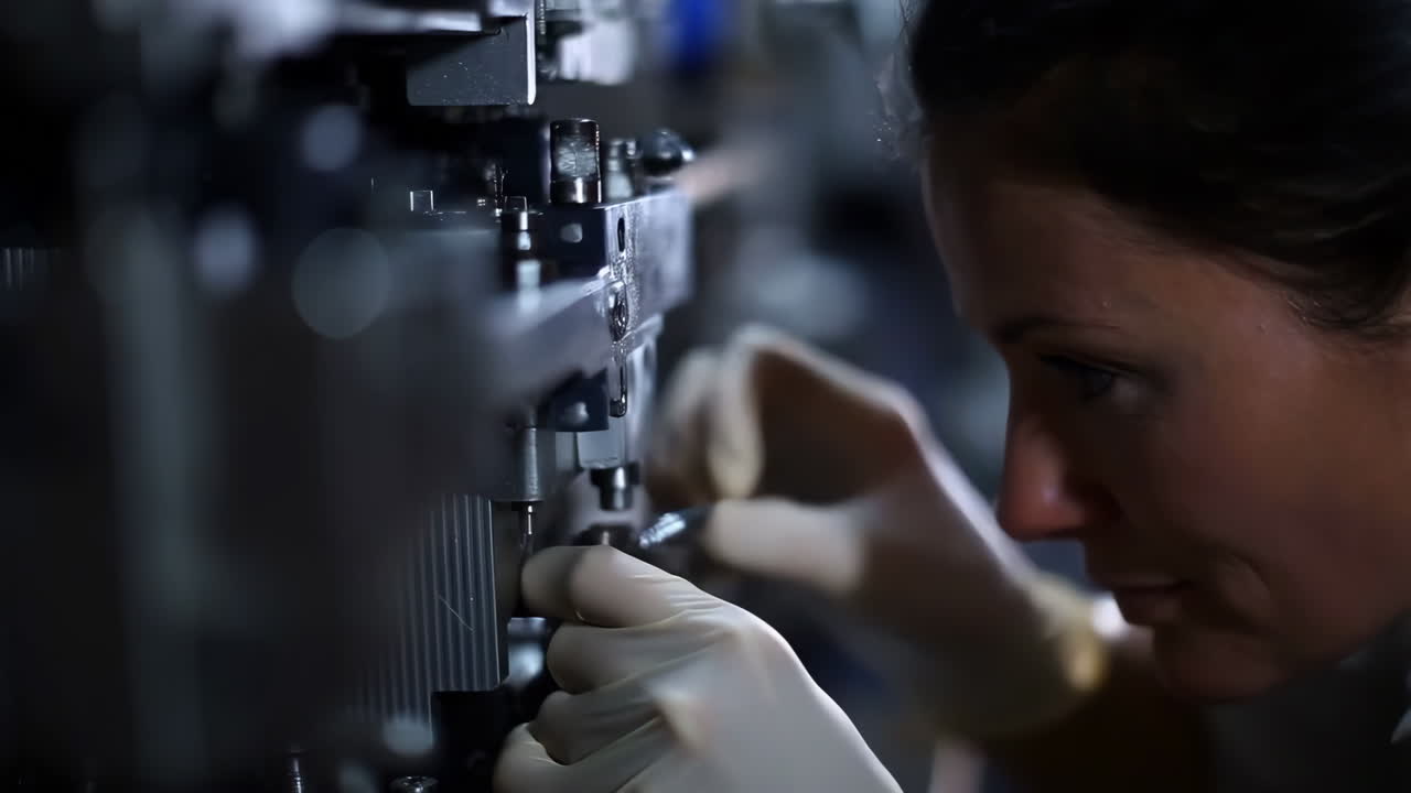 Woman working with precision machine