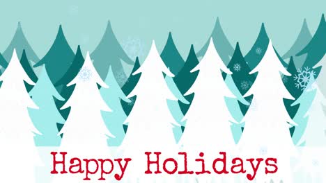 Animation-of-happy-holidays-text,-christmas-greeting-over-winter-scenery