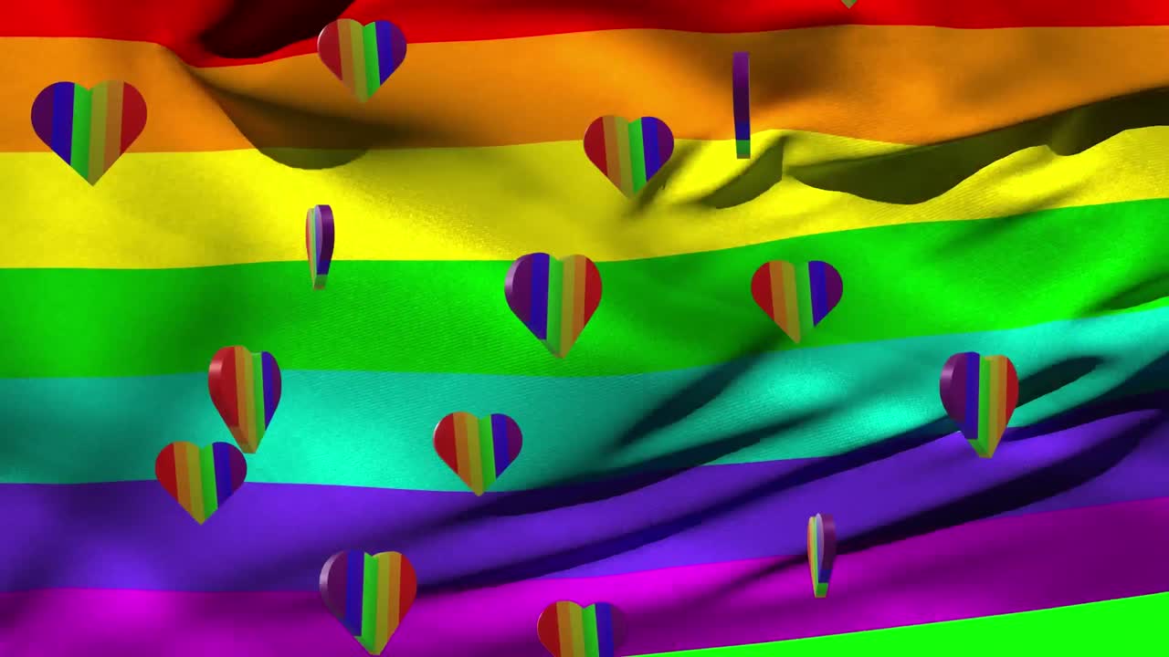 animación de corazones arco iris y bandera sobre fondo verde.