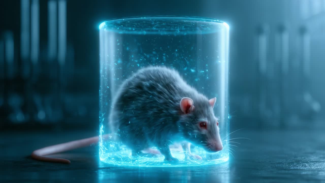 A futuristic and captivating depiction of a rat encapsulated in a translucent, glowing chamber filled with shimmering particles, exploring themes of science and experimentation