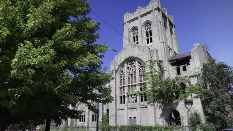 Abandoned-historic-City-Methodist-Church-in-Gary,-Indiana-with-gimbal-video-panning-left-to-right