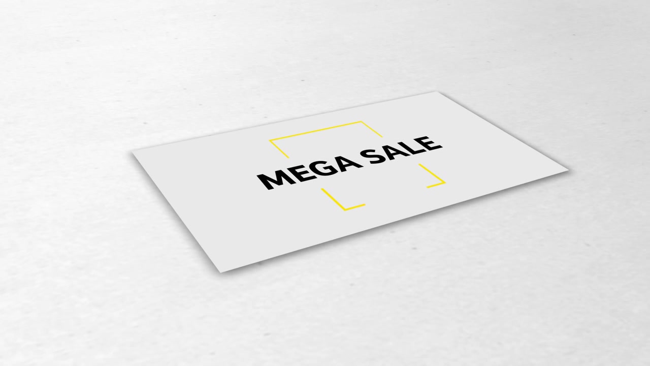 Digital animation of mega sale text over yellow square cross hair against grey background