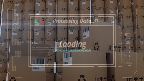 animación del procesamiento de datos sobre una pila de cajas de cartón