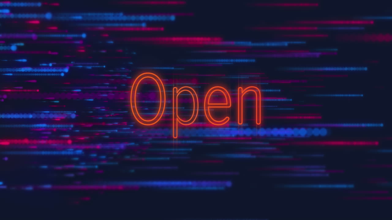 Animation of open text over neon lines on black background