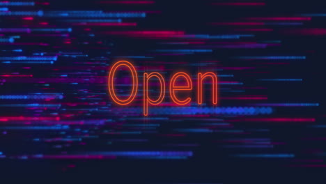 animation of open text over neon lines on black background