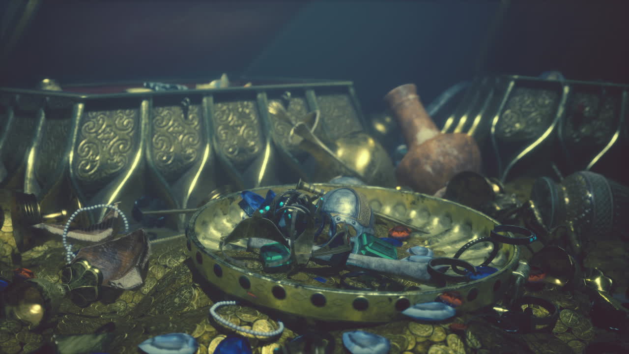 joyas y monedas de oro en la cueva oscura