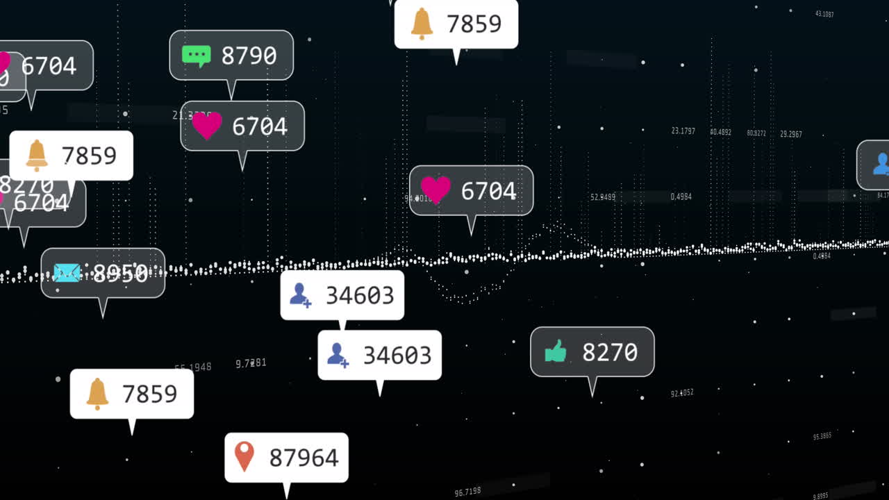 검은색 배경에 대한 데이터 처리 위에 떠다니는 소셜 미디어 아이콘의 애니메이션