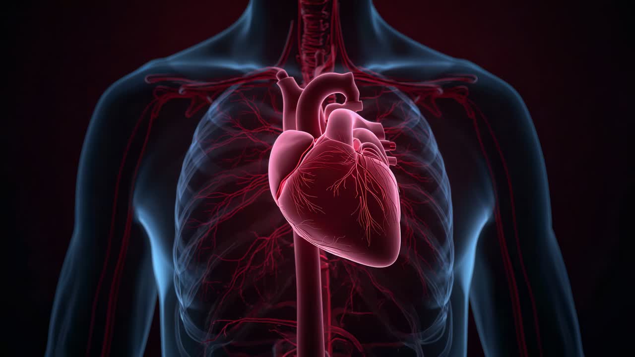 Animazione in corso, rendering in 3D di un cuore che pulsa e si contrae nel petto, mostrando le arterie coronarie e l'aorta