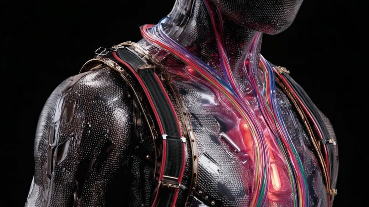 En futuristisk robotfigur med selvlysende detaljer og levende ledninger fremviser avanceret design og teknologi i en fantastisk udstilling af kunst og innovation