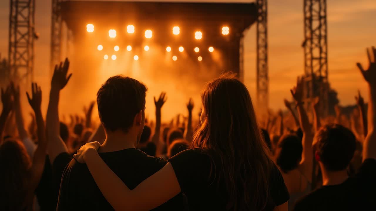Um vídeo captura um casal por trás em um show, de braços dados, com uma visão em ângulo baixo
