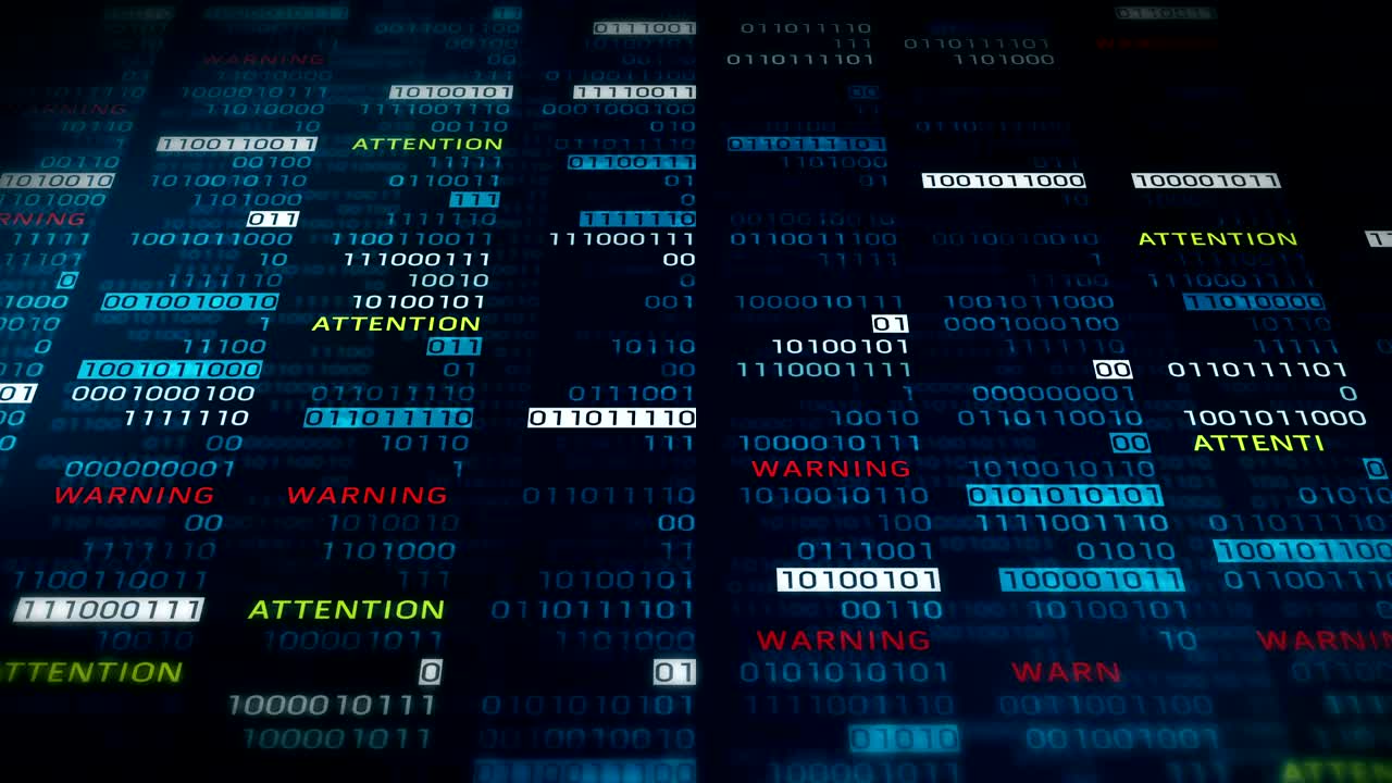 Warning and Attention message with binary numbers. Web online with digital technology loop animation. Computer network problem error concept.