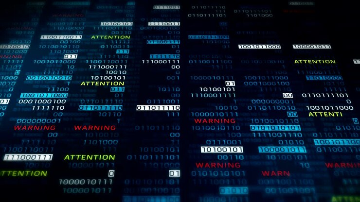 Warning and Attention message with binary numbers. Web online with digital technology loop animation. Computer network problem error concept.