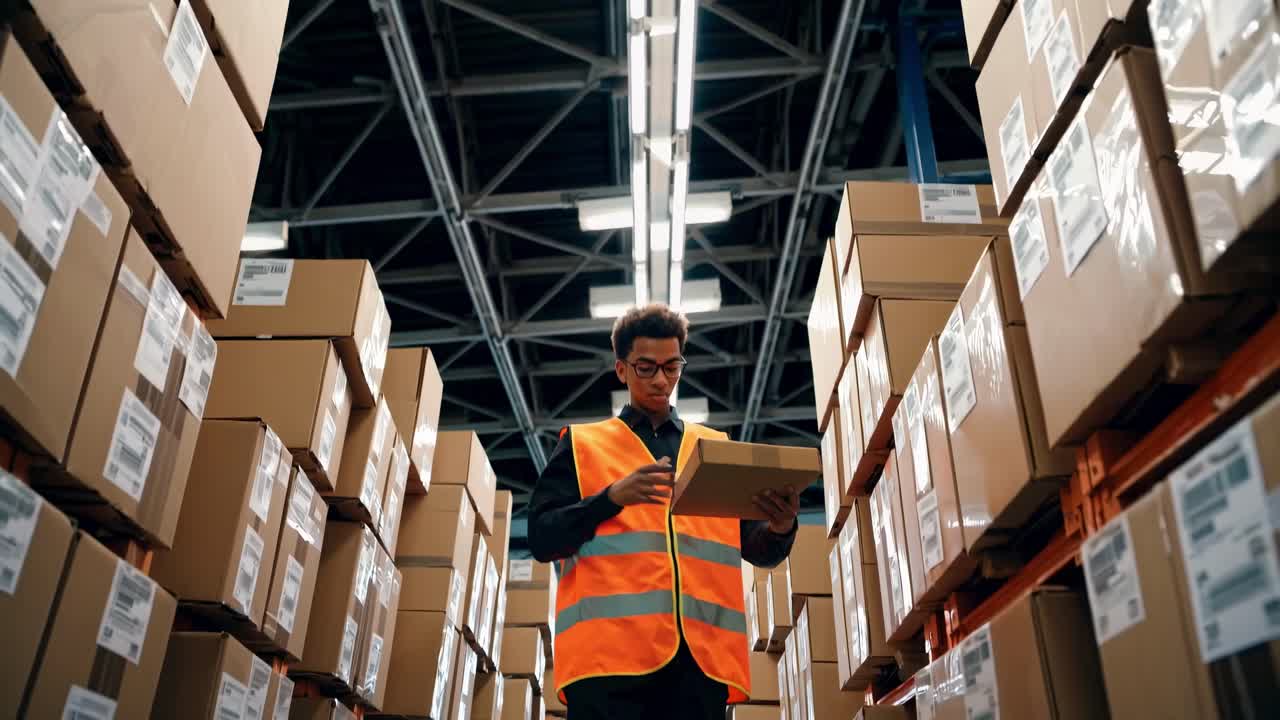 Low-angle video shot of a worker in a warehouse, wearing a safety vest, inspecting a package