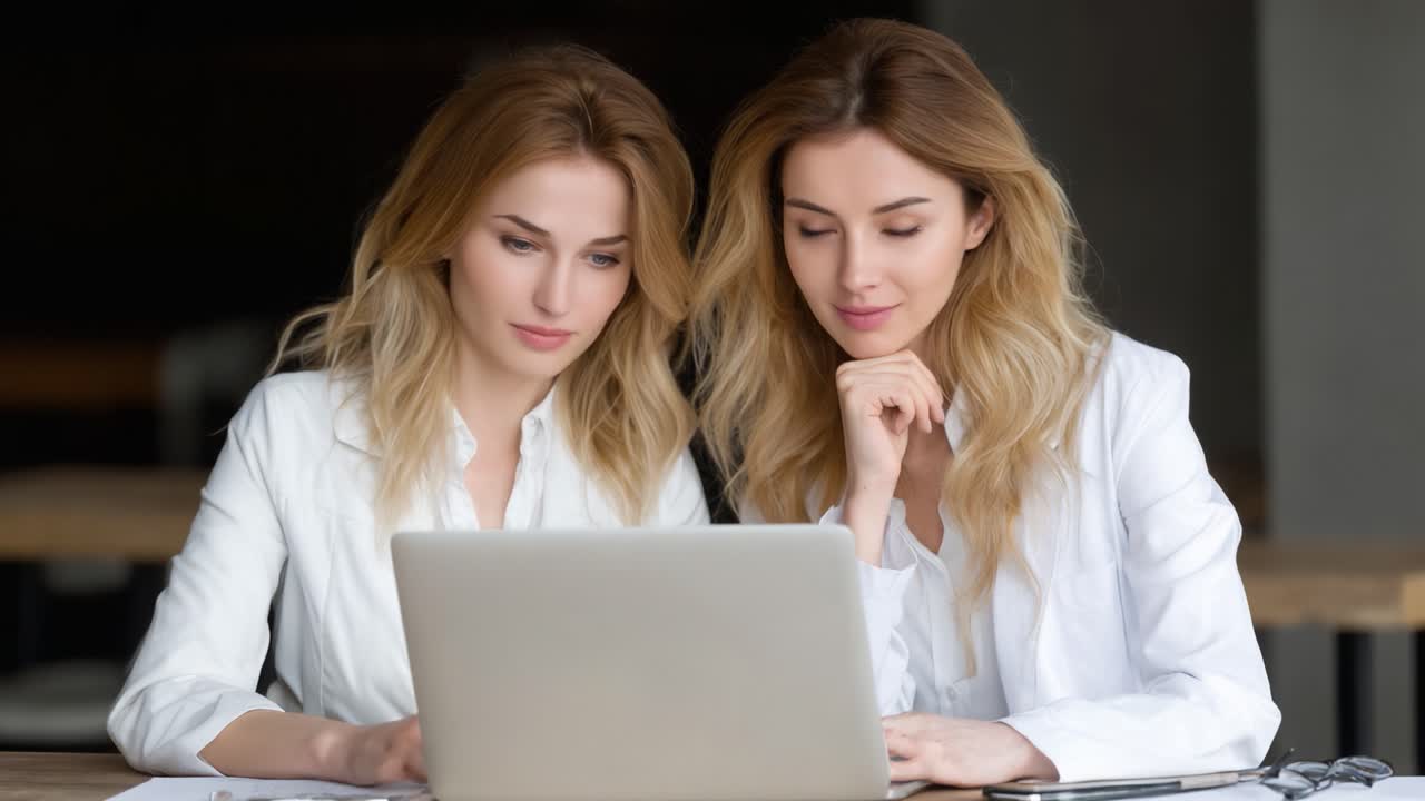 Two Professional Women Collaborate Over a Laptop, Engaged in Focused Discussion for Business or Academic Purposes in a Contemporary Workspace Setting