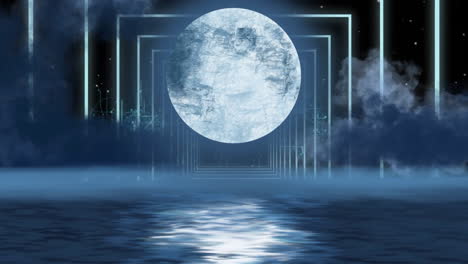 animation of full moon and reflection in water over white neon arches on night sky