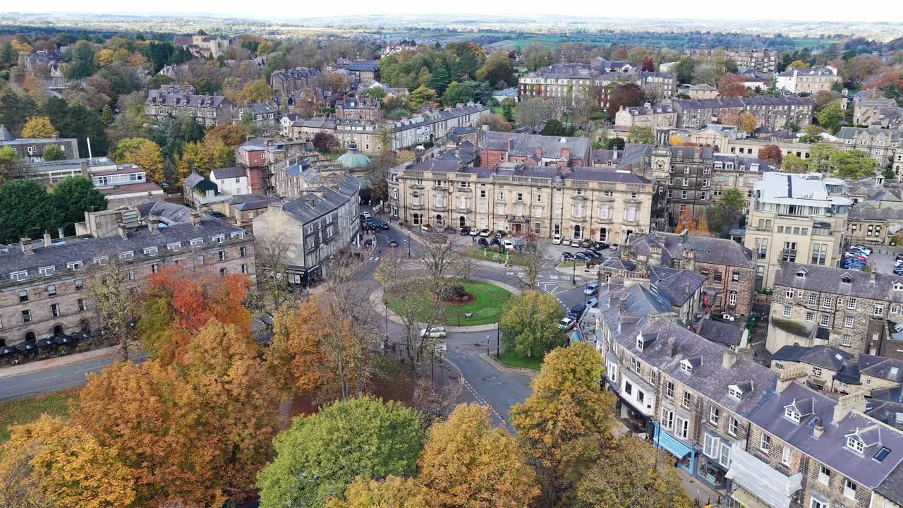 Drone ascending above Montpellier Quarter, Harrogate, reveals curving Victorian and Edwardian terraces and a circular garden at the town’s cultural and retail heart