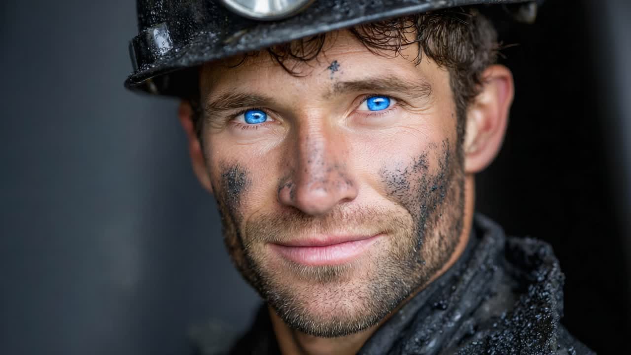 A Stalwart Miner: Capturing the Grit and Determination of a Coal Miner with Striking Blue Eyes and Dusty Surroundings in a Portrait-Style Photograph