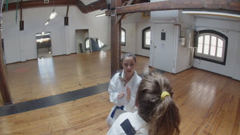 shot of serious girls practicing karate in gym from above