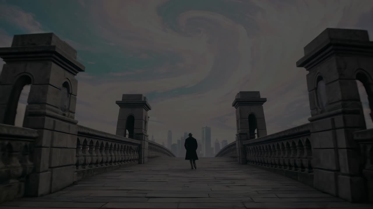 A Man Walks Across a Surreal Bridge