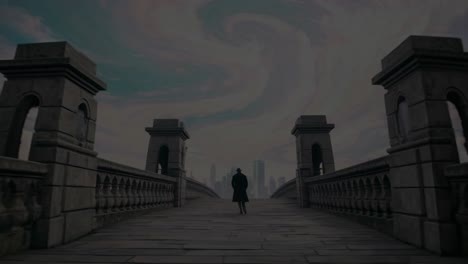 a man walks across a surreal bridge