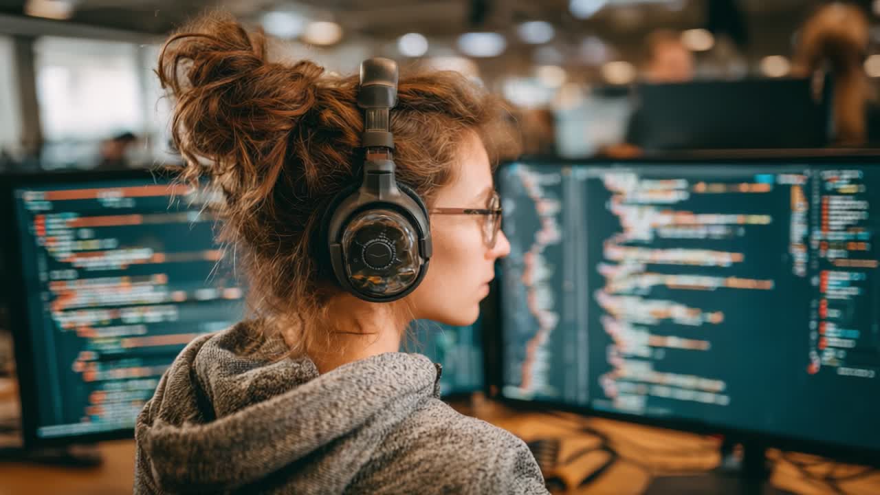 A Focused Programmer Analyzing Code on Dual Monitors, Engaged in Development with Headphones in a Modern Office Environment, Capturing the Essence of Technology and Collaboration