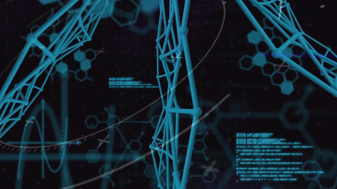 Upon start, blue 3D wireframe rotating, code scrolling and sine waves pulsing, visualizing data