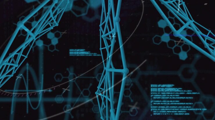 Upon start, blue 3D wireframe rotating, code scrolling and sine waves pulsing, visualizing data