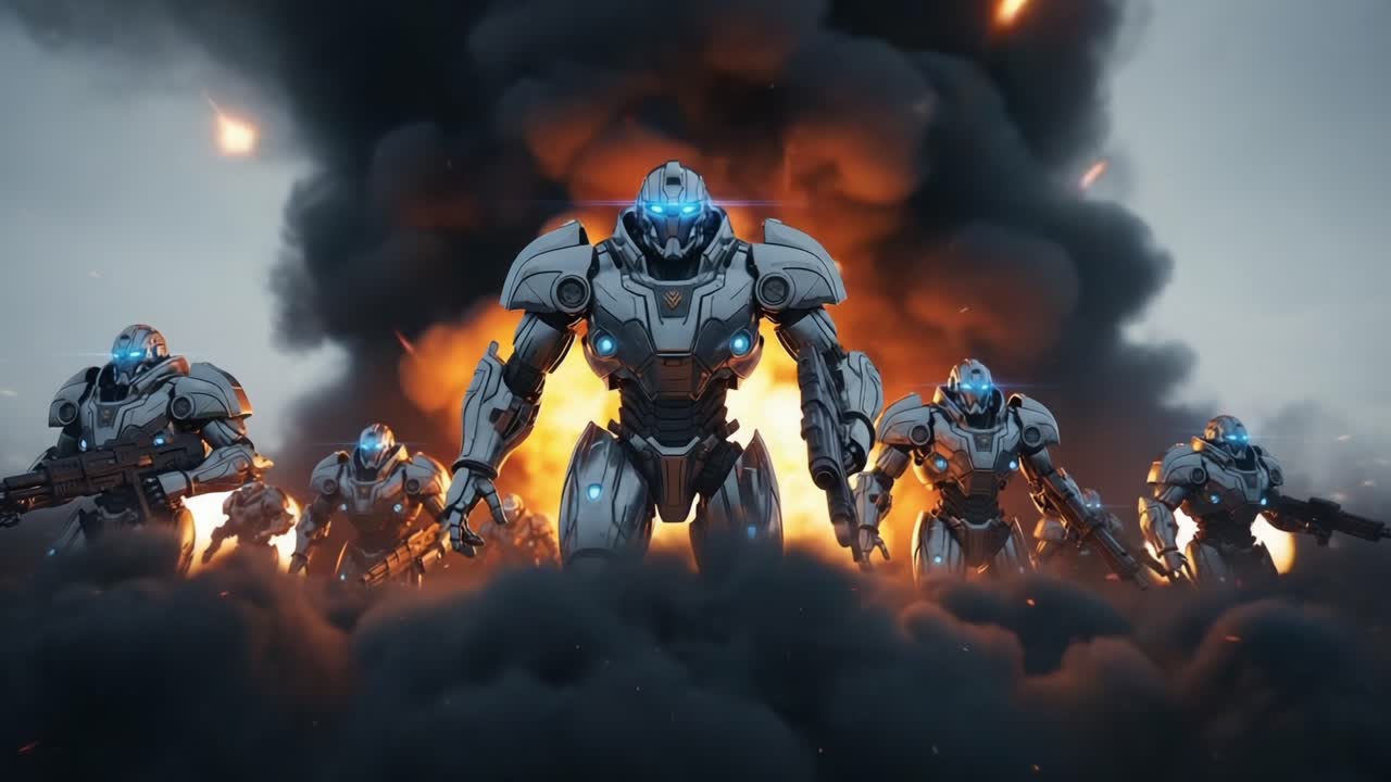 A Formidable Force of Advanced Android Soldiers Charging Through Explosive Clouds, Emanating Power and Technology in a High-Stakes Battlefield Environment
