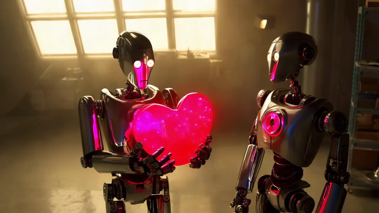 dos robots compartiendo un corazón