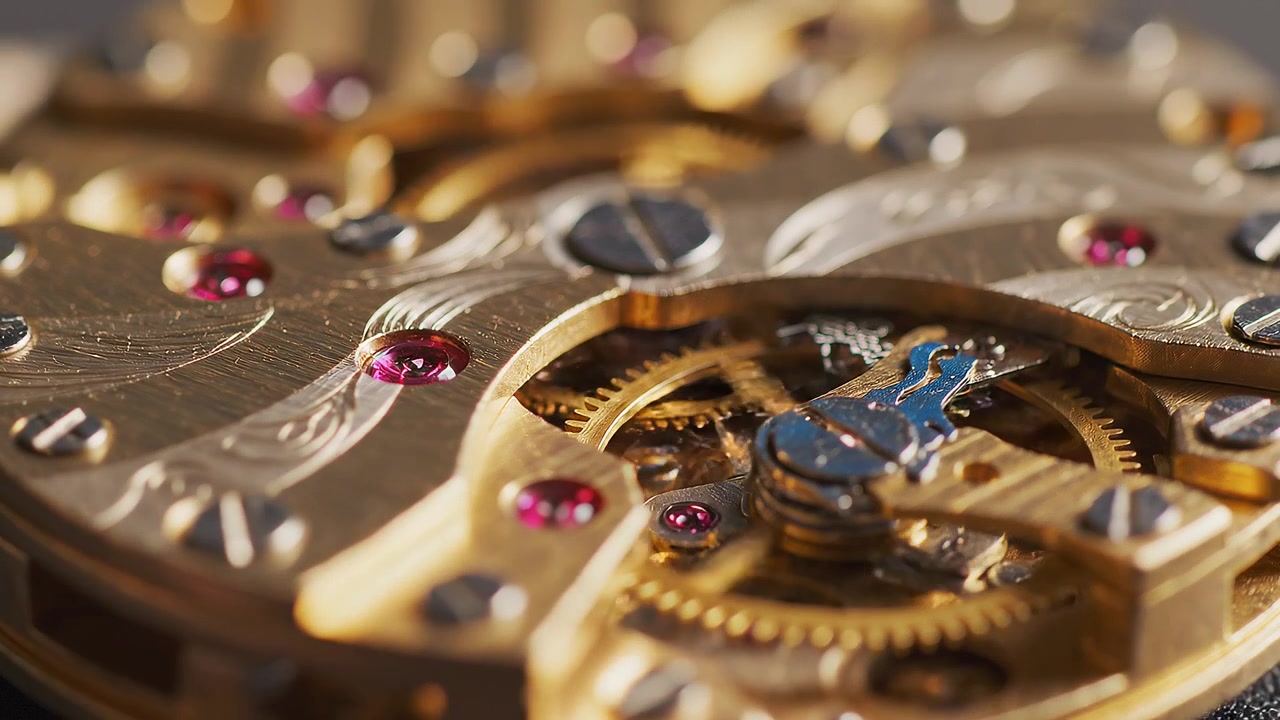 Macro detail of gold mechanical watch movement with ruby jewels