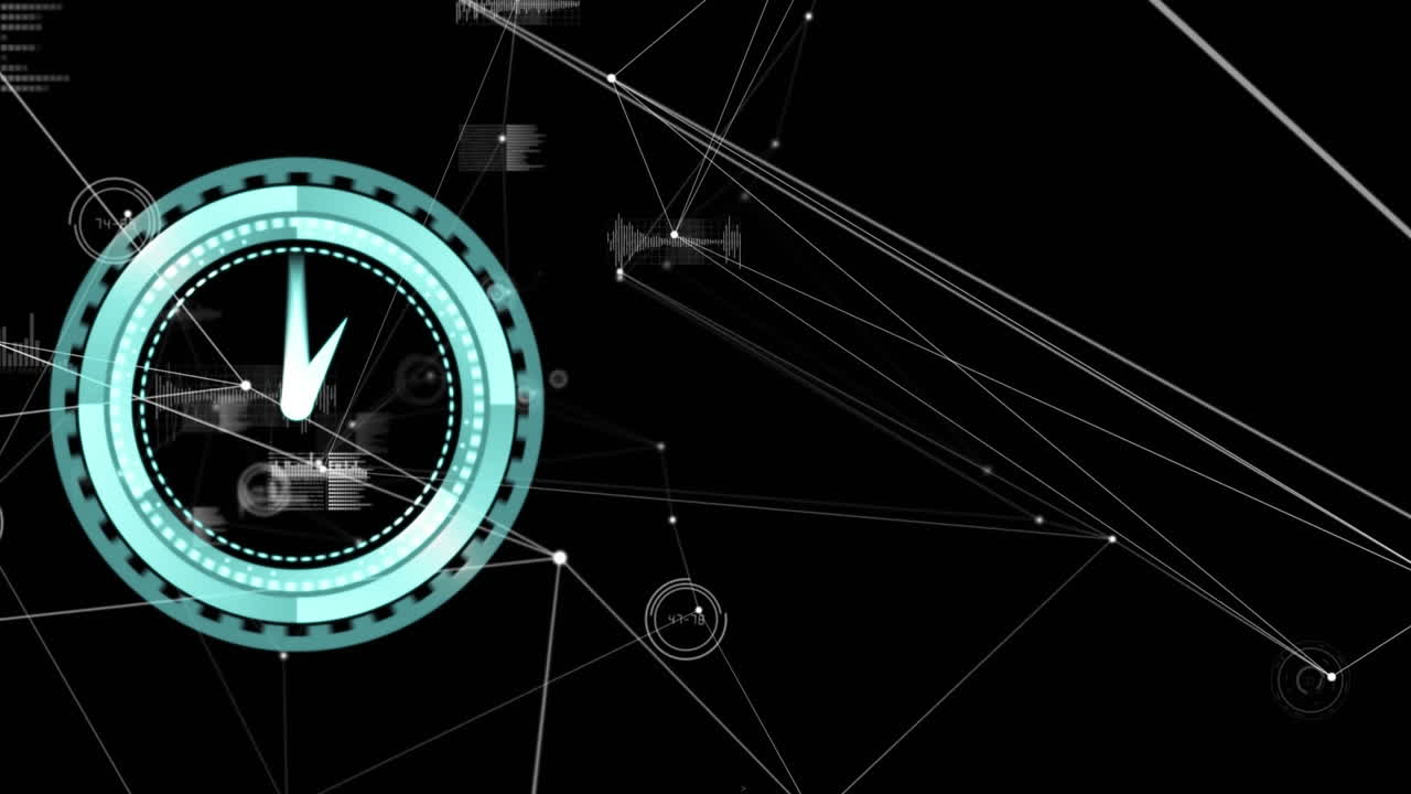 Animazione di orologio che scorre velocemente ed elaborazione dati su schermo digitale