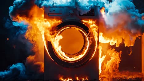 a burning washing machine in the middle of a room