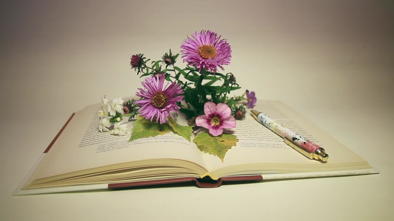 primer plano de flores y pluma en el libro
