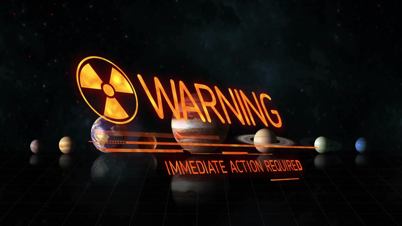 Glowing icon rising behind Earth growing then morphing into WARNING pulsing scan bar needing action