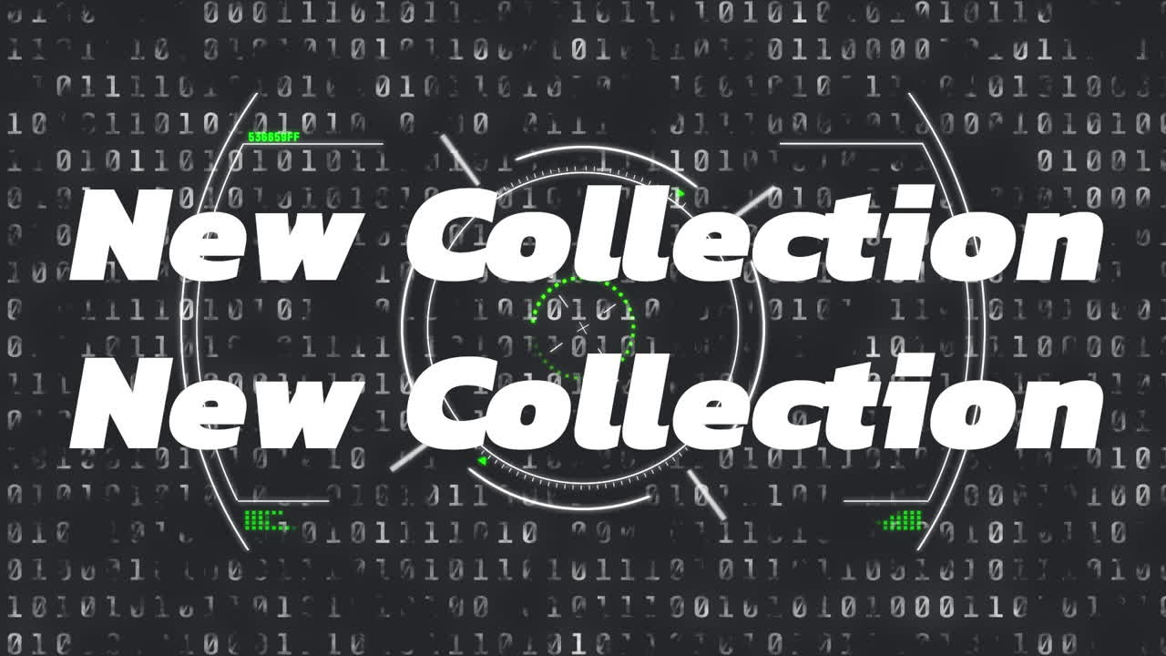 Animation of new collection in white text with colourful distortion over scope and binary on black