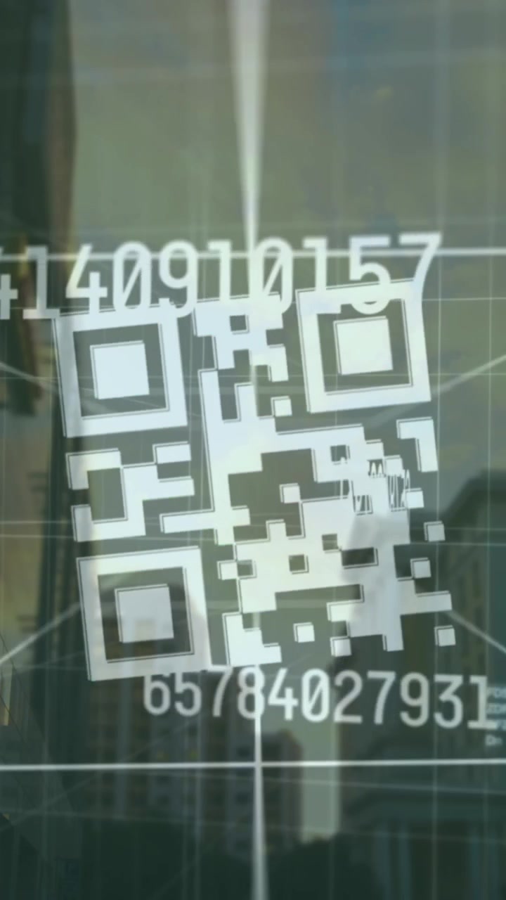 Animation of qr code and numbers over cityscape