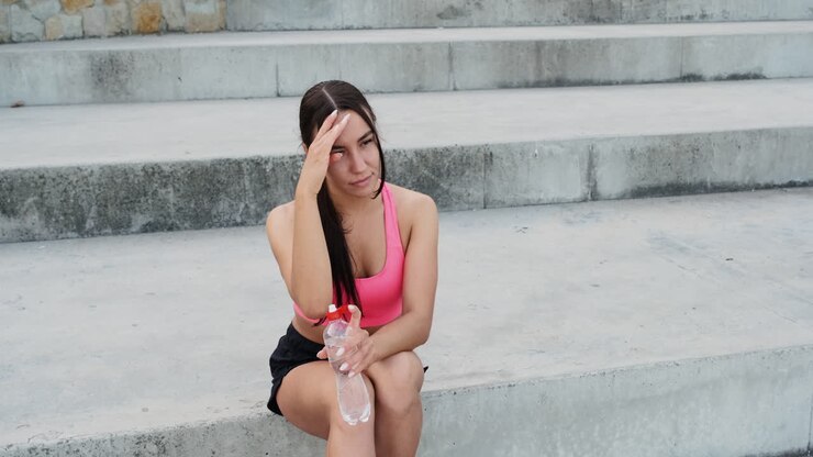 Beautiful Sportive Girl Sitting On Stairs And Drinking Water After Running Training Session In The City