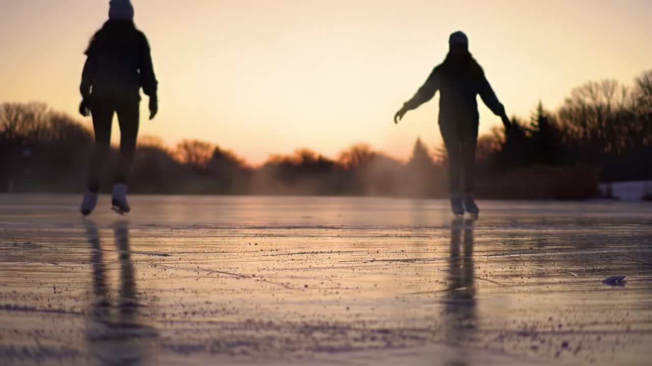 Graceful Ice Skating at Sunset: Two Figures Gliding Elegantly Across the Glimmering Frozen Surface with a Beautiful Golden-Hued Sky in the Background
