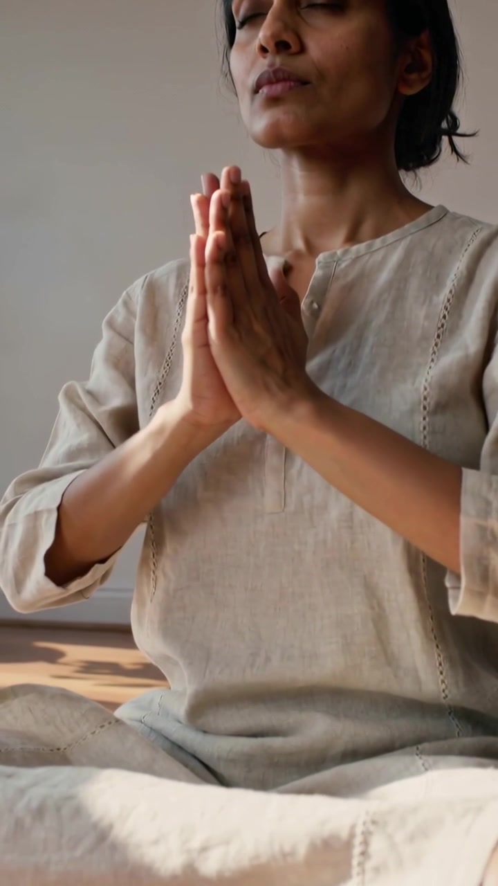 Video verticale: Panoramica su donna che fa yoga in lino su tappetino, abbassando le mani al petto a casa.