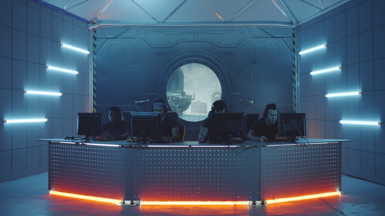 Team Playing Fps Video Game Static Shot of a Team Playing a first Person Shooter Video Game at a Gaming Tournament