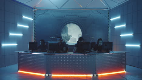 team playing fps video game static shot of a team playing a first person shooter video game at a gaming tournament