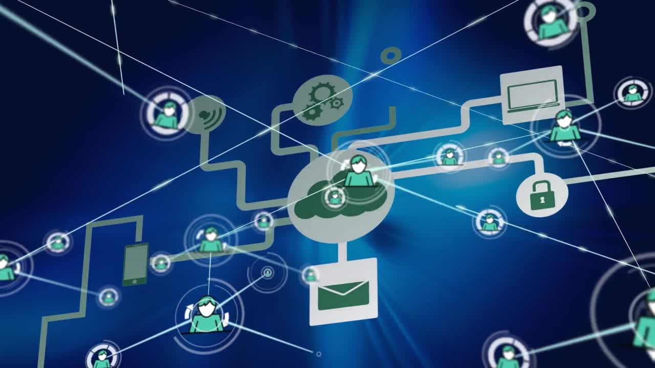 animación de iconos de perfil que se conectan con líneas, diagrama de flujo con iconos de computadora en fondo azul