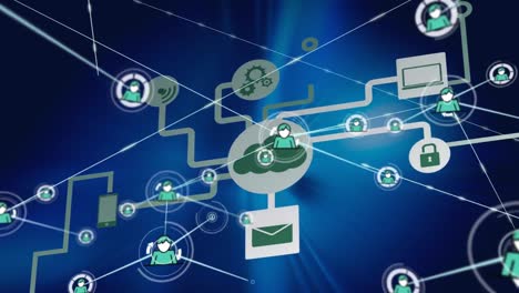 Animation-Von-Profilsymbolen,-Die-Mit-Linien-Verbunden-Sind,-Flussdiagramm-Mit-Computersymbolen-Auf-Blauem-Hintergrund