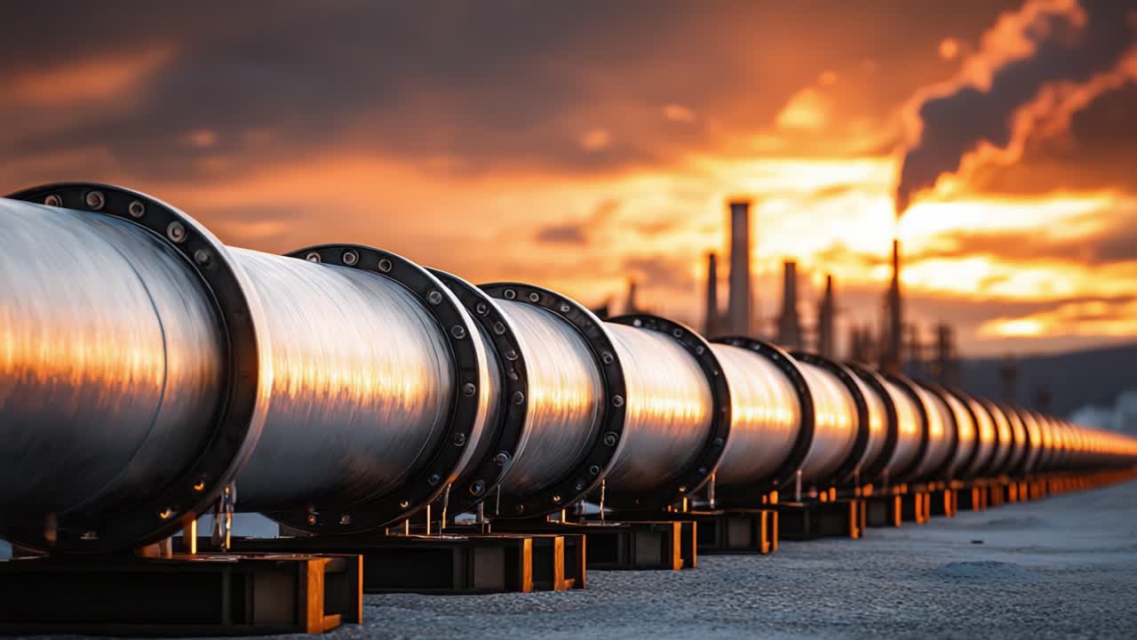 Tubería Industrial al Atardecer: Una Vista Majestuosa de Tubos Metálicos que se Extienden Hacia el Horizonte, Rodeados por un Cielo Atmosférico y Estructuras que Emiten Humo