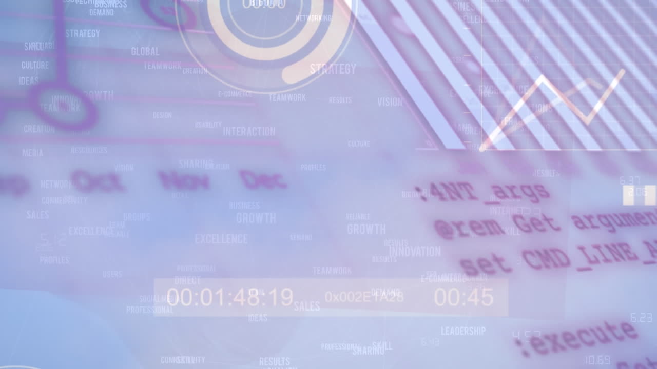 Animation of statistical data processing and network of business concept texts on grey background